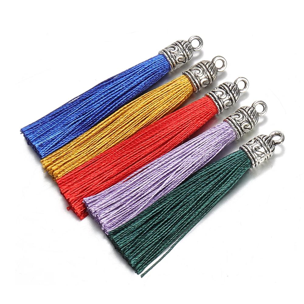 10Pcs 6cm Silk Tassel Charms Brush Tassels With Antique Silver Caps For DIY Jewelry Making Handmade Earrings Pendant 2035