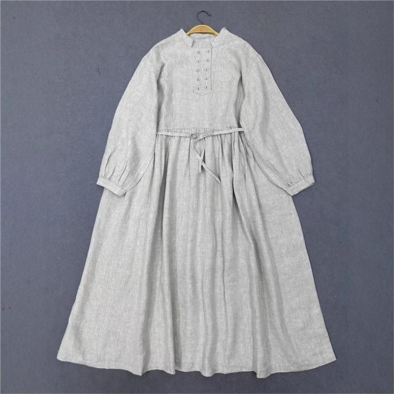 Johnature Spring Autumn Dress Retro Stand Collar Tie Long Sleeve Loose Simple Women Dresses