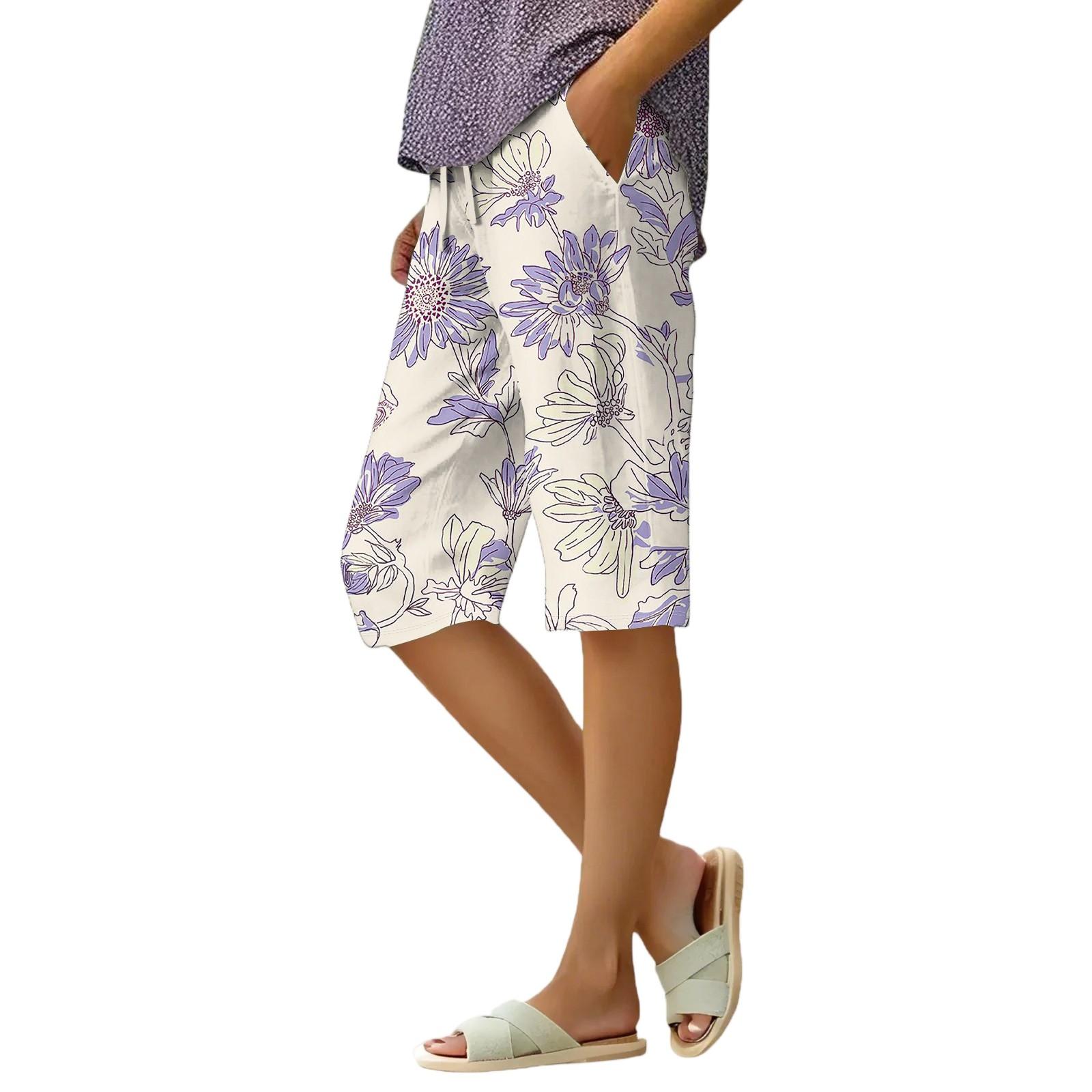 

Женские летние свободные шорты из хлопка и льна с эластичным поясом и цветочным принтом M фиолетовый
