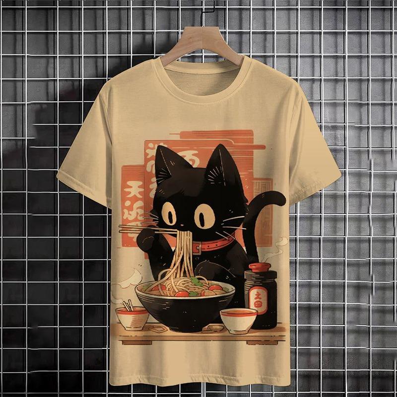 Letní pánské tričko Animal Cute Cat Print Crew Neck Krátký rukáv Tričko Street Trend Tops Nadměrné pánské oblečení Tričko pro muže