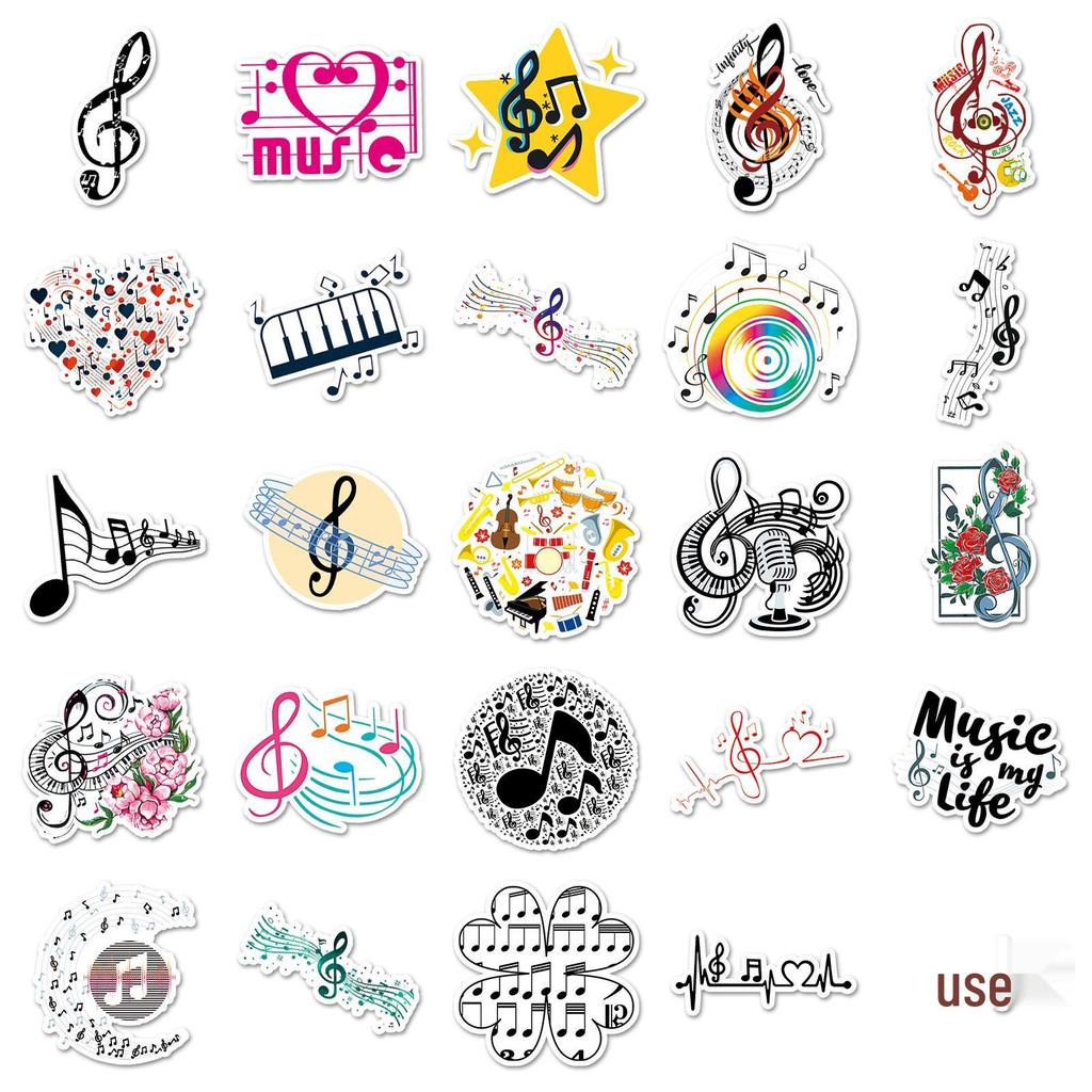50-Piece Creative Music Notes Waterproof Stickers for Journaling, Deco, Suitcases, and Phone Cases
