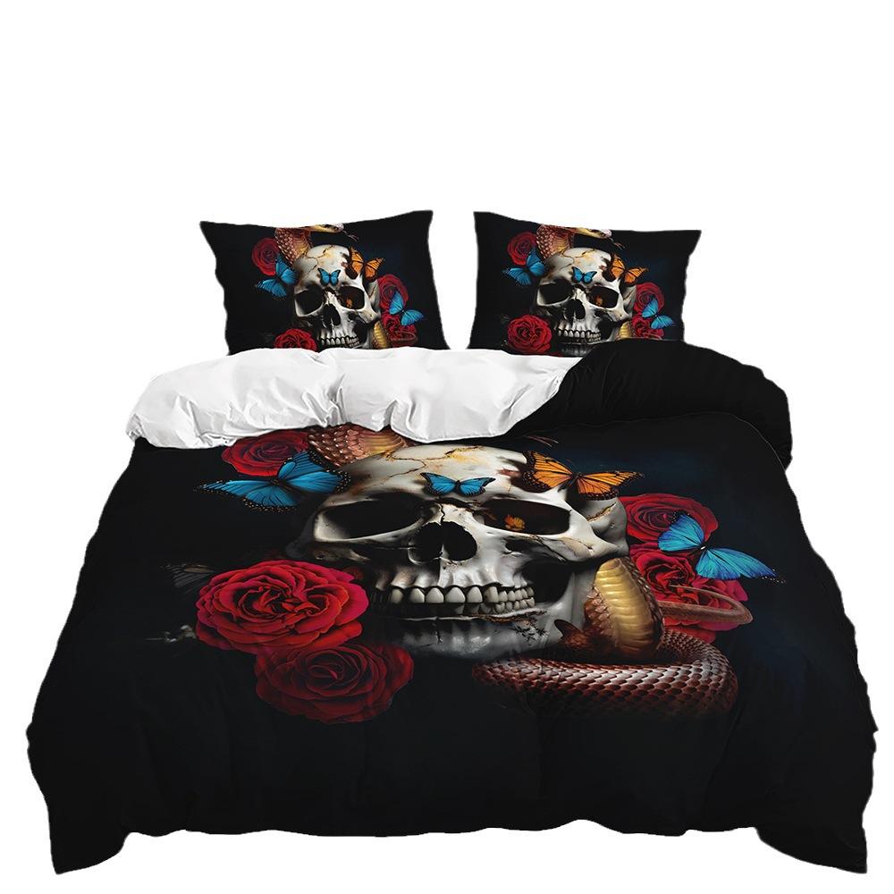 Dreiteiliges Totenkopf-Rosen-Quilt-Set Bettwäsche-Set Kinderzimmer
