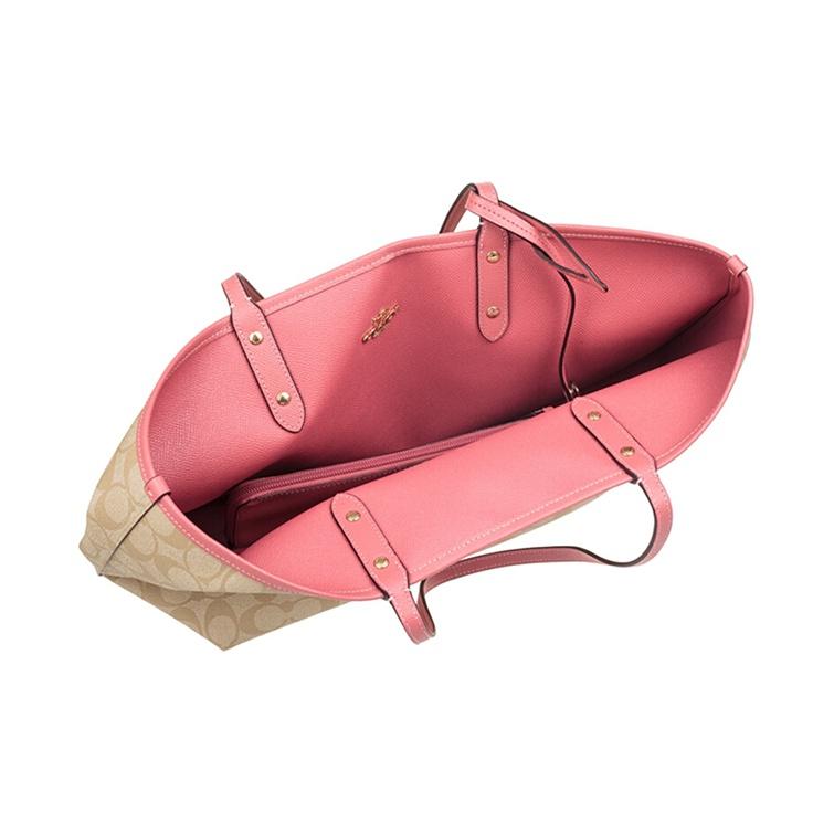 Coach Borsa a Tote Reversibile City 33 Tela Monogram Double-Sided e Pelle Borse Tote da Donna Khaki Rosa 36658-IMBE5