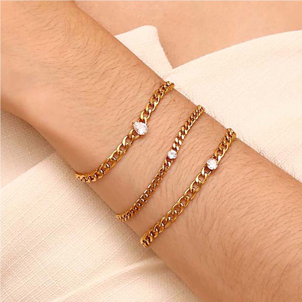 MamacitaSlay NK Figaro Chain Grinding Cuban Chain  Round Drop Zircon Stainless Steel Bracelet 18K Gold Plated Jewelry For Women