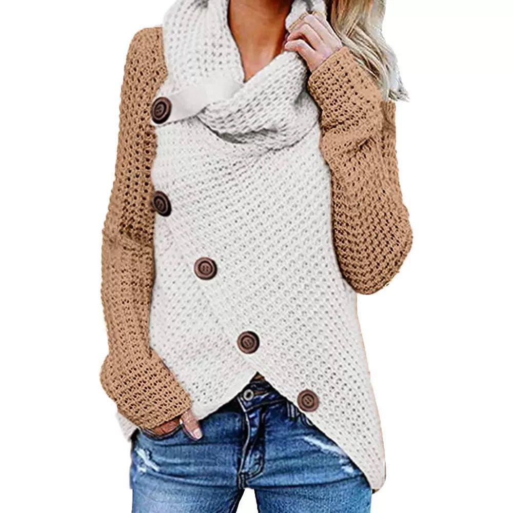 Autumn/Winter Women's Long-Sleeve Irregular Knit Color Block Button Sweater