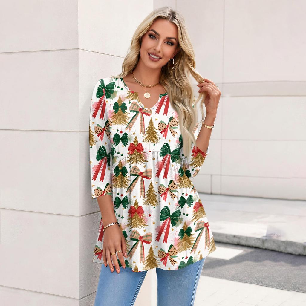 Women's Fashion Casual Christmas Print V-Neck Three-Quarter Sleeve Blouse