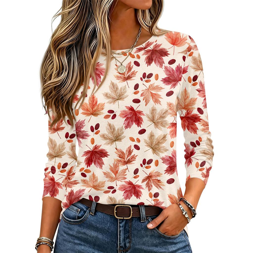 Women's Long Sleeve Neck Pullover Top with Leaf Print for Casual Daily Wear