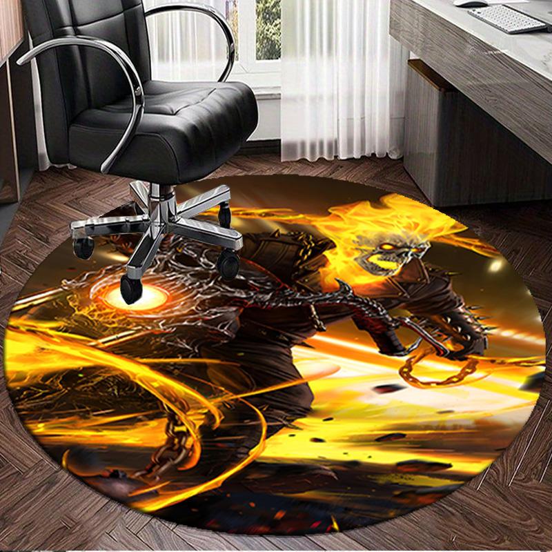 1PC Rider On Fire Round Rug, Non-slip Chair Mat, Home Decor, Circle Carpet Perfect for Office, Bedroom, Living Room,Christmas gift