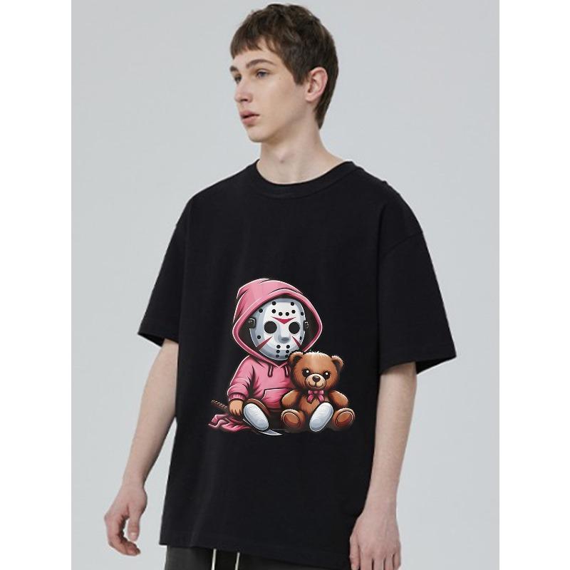 Black T Shirt With Jason Voorhees And Teddy Bear Graphic For Casual Wear