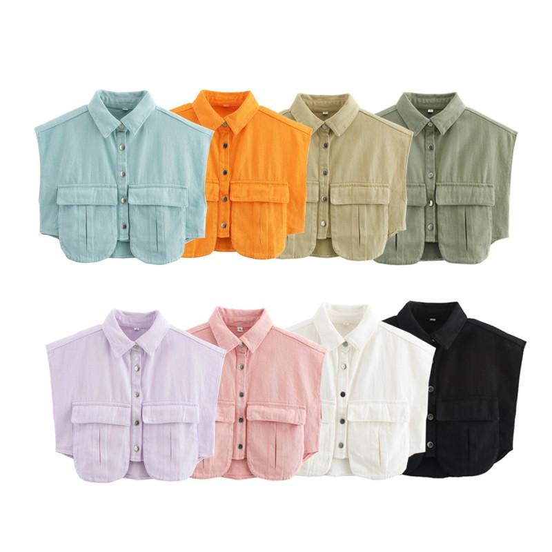 Womens Solid Color Oversized Sleeveless Denim Shirt With Large Pockets Polo Collar Short Top