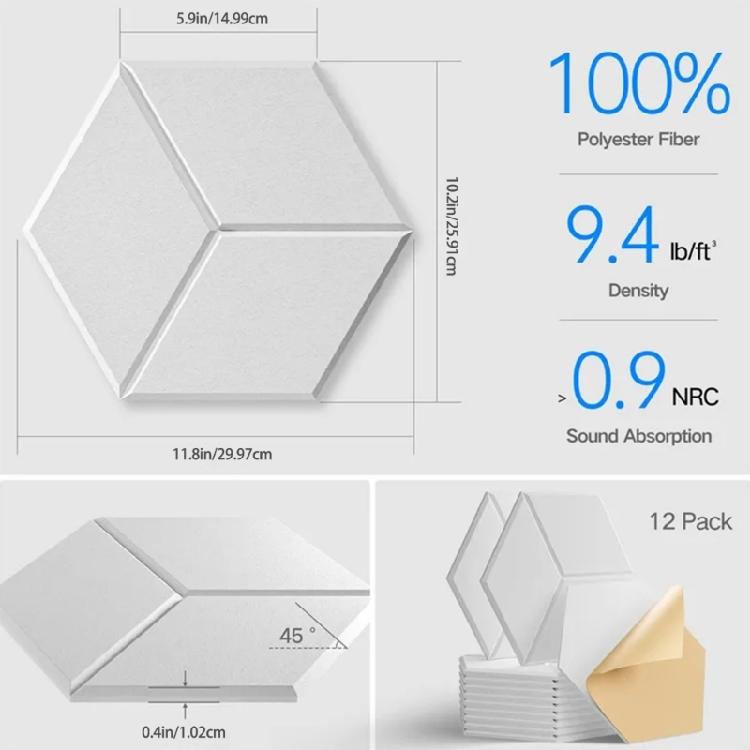 12PCS Sound Absorbing Wall Panels Polyester Texture Hexagonal Soundproof Foam Panels for Bedroom Music Room Decorations