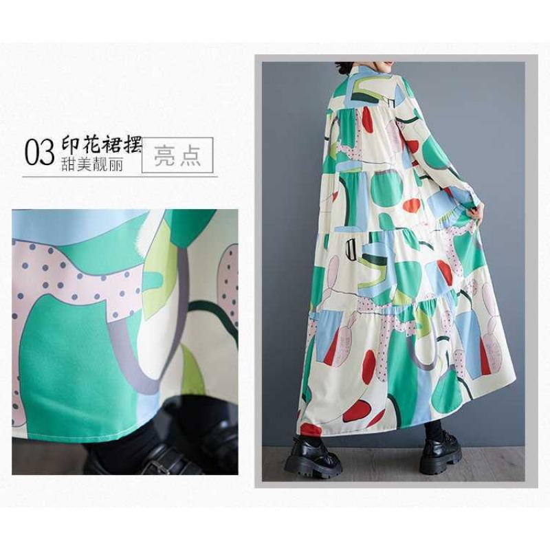 Loose and Thin Fashion Long-sleeved Printed Mid-length Dresses