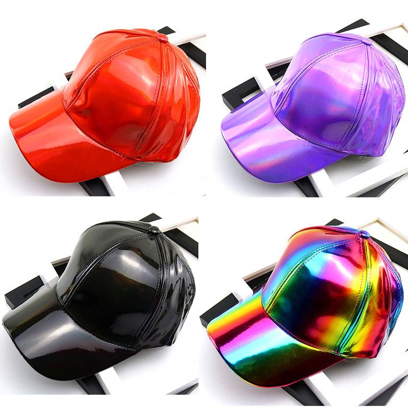 Damen Herren Kunstleder Baseballkappe Glitzer Metallisch Holografisch Regenbogen Reflektierend Hip Hop Verstellbarer Strapback Schirmmütze