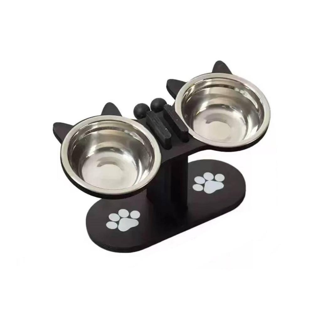 Non-Slip Wooden Pet Feeding Stand with Stainless-Steel Bowls Stable Raised