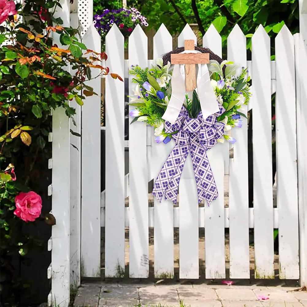 2025 Easter Wreath Cross Door Sign Easter Front Door Wreath for Front Door Decor Religious Easter Decoration