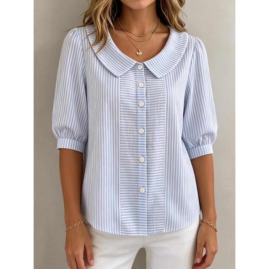 Women's Peter Pan Collar Puff Short Sleeve Vertical Stripe Single Breasted Loose Casual Blouse Shirt