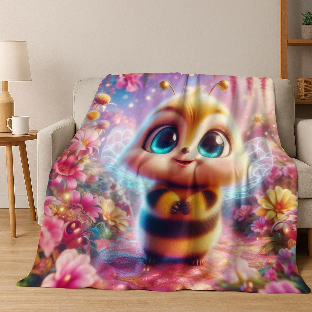 Cute Cartoon Bee HoneyBee Insect Art Flannel Blanket,Cozy Soft Throw Blanket for Home Bedroom Bed Sofa Picnic Cover Gift Kids