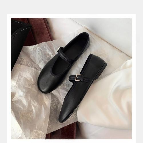 Comfortable Sheepskin Mary Jane Flats Women Ballet Shoes Round Toe Minimalist Strap Low Cut Casual Shoes
