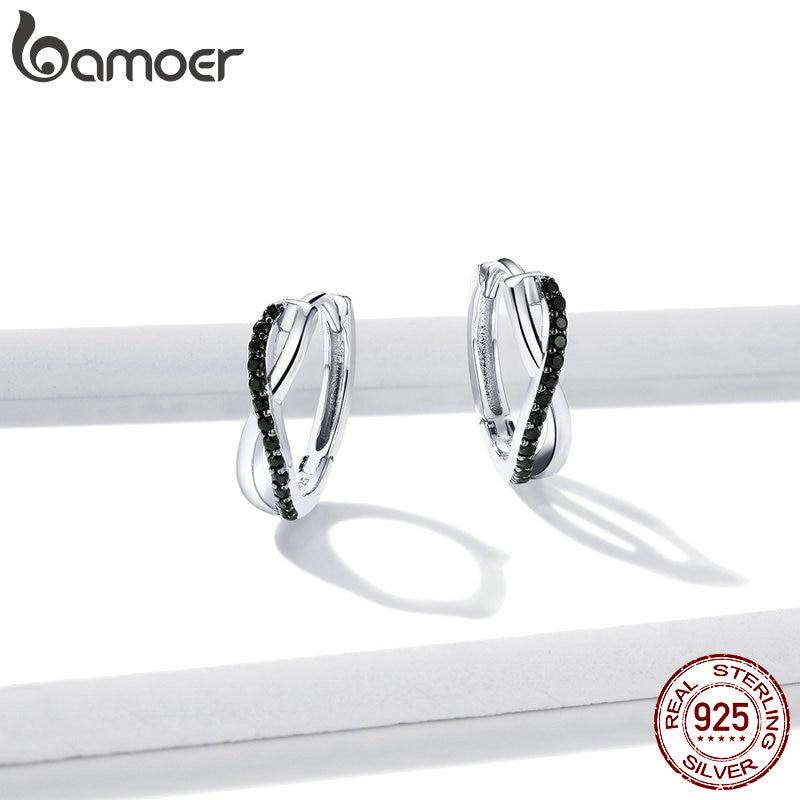 

Женские серьги-кольца BAMOER из стерлингового серебра 925 пробы с черным цирконием, свадебные украшения, обручи для ушей 925 silver