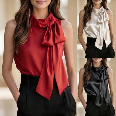 Chemise sans manches en satin élégante pour le bureau, nouvelle collection été, avec grand nœud