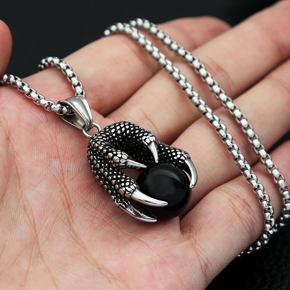European and American Titanium Steel Dragon Claw Bead Pendant Stainless Steel Jewelry Inlaid Stone Pendant Personalized Men's Necklace