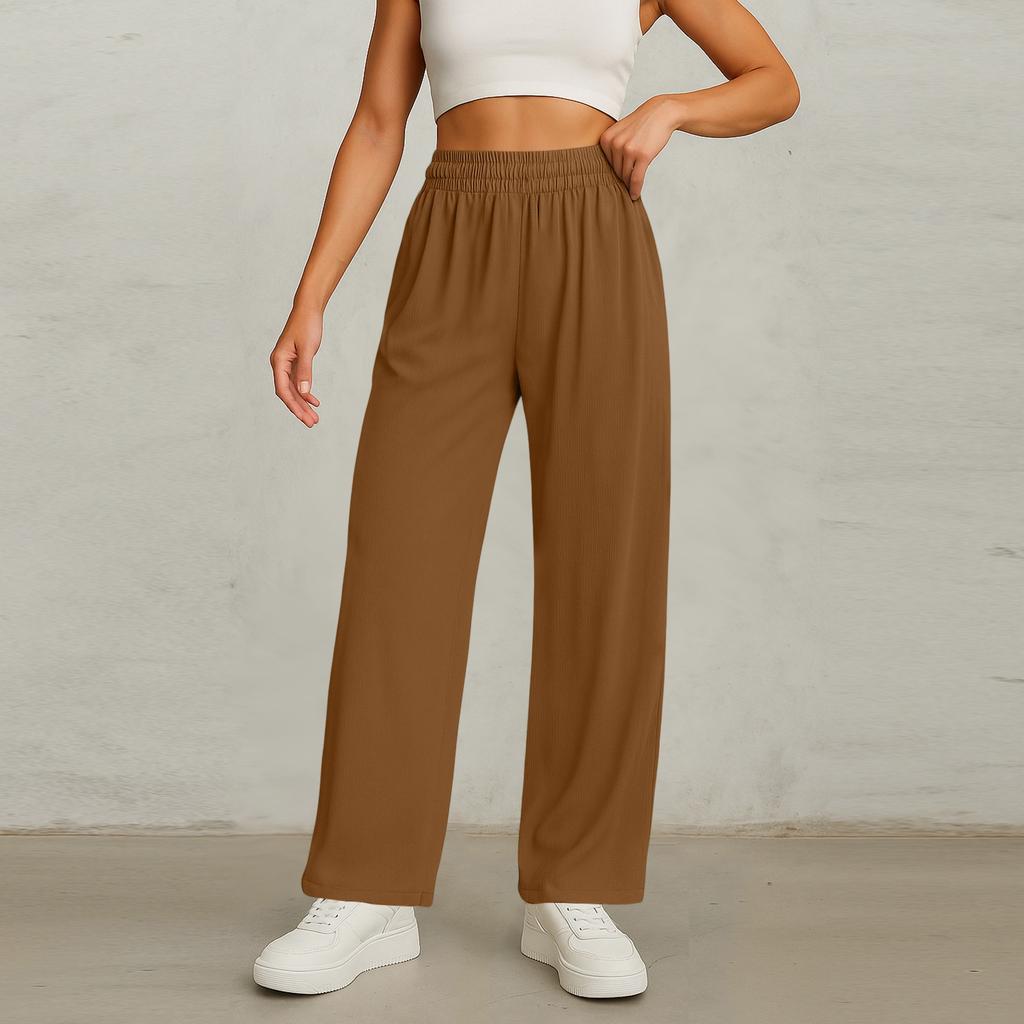 Women's Elastic Waist Wide Leg Pants Baggy Casual Stretch Palazzo Pants With Pockets