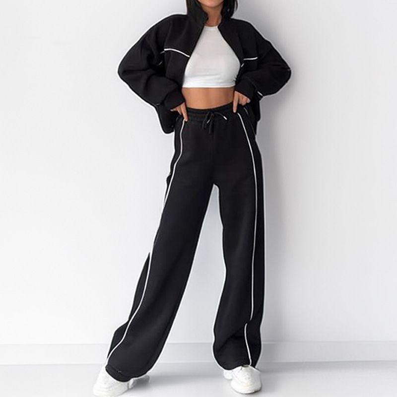 Leisure Two-Piece Set European and American Women Autumn Casual Loose Cardigan Lace-up Hoodie Trousers Set