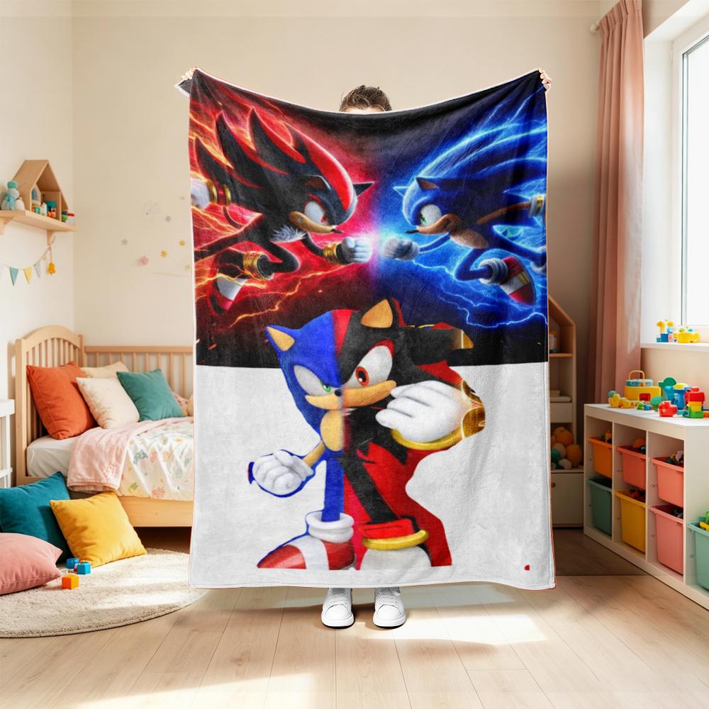Blanket Cute Cartoon Sonic Anime Theme Throw Blanket Flannel Blanket for Living Room Bedroom Car Camping Full Size Comfortable