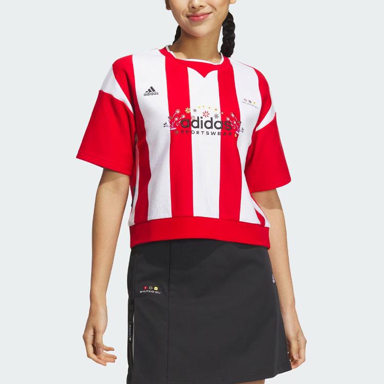 Adidas X Shuting Qiu Co-Branded Alphabet Floral Embroidery Colorblock Casual T-Shirt Women Tops Light-Crimson IM8446