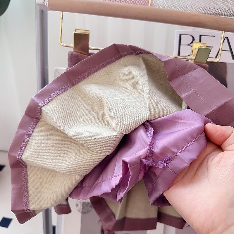 Girls' Spring & Autumn Leather Jacket & Pleated Skirt Set - BCA389