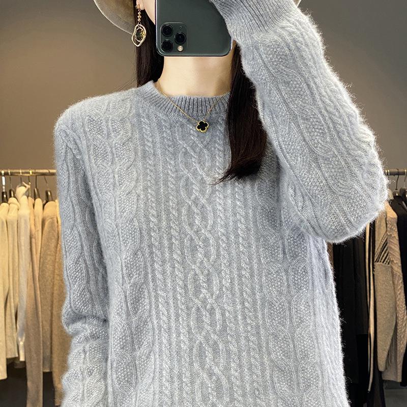 Women's Solid Color Wool Knit Sweater: Round Neck, Cashmere, Jacquard, Autumn/Winter Pullover