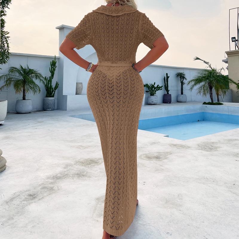 European & American Two-Piece: Short-Sleeve Shirt and Super Long Skirt Cardigan - Slimming, Sexy, Holiday Hollow Fashion Cover-up