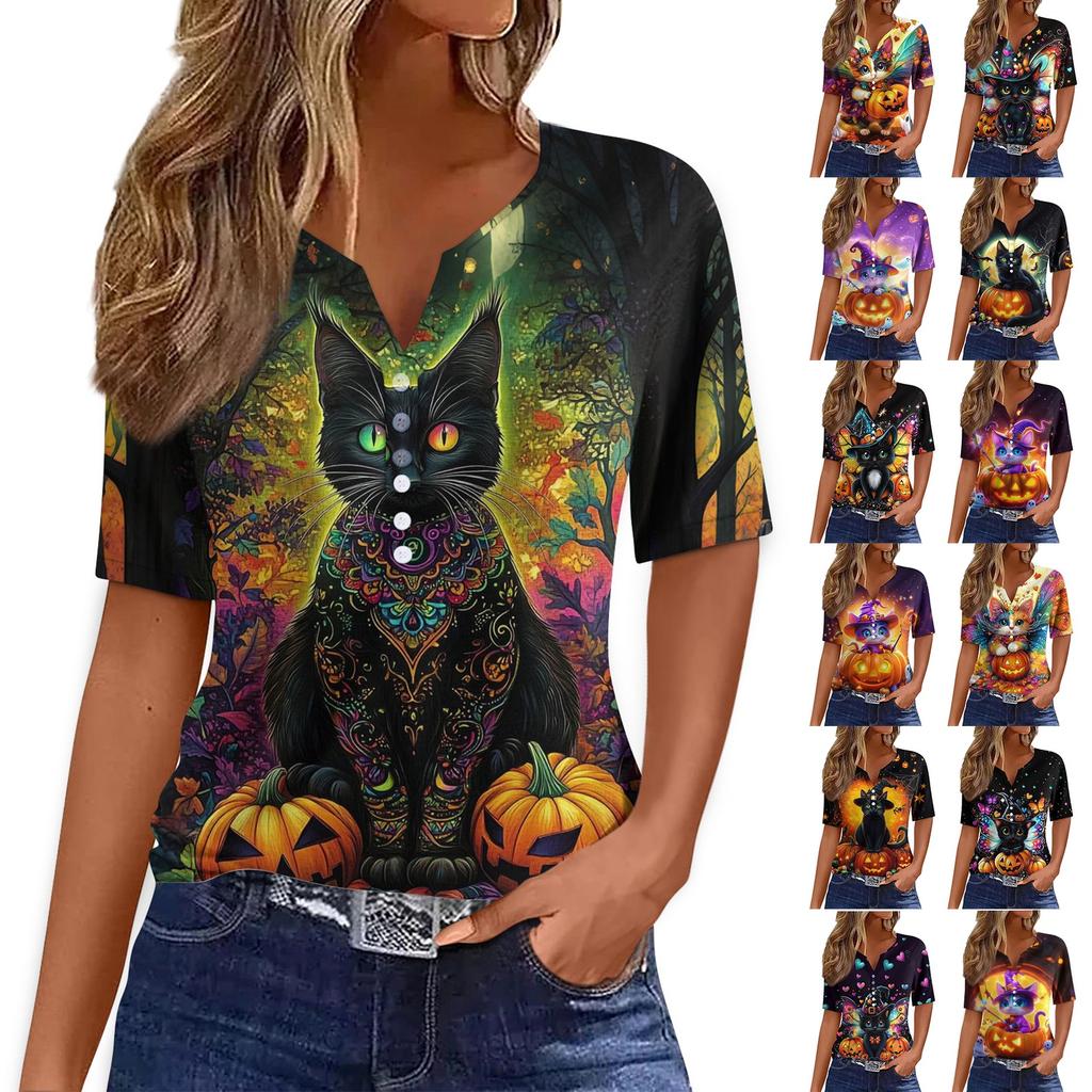 Dames T-skjorte Tee Halloween Trykket Knapp Kortermet Tunika Daglig Helgemote Basic V-hals Vanlig Topp