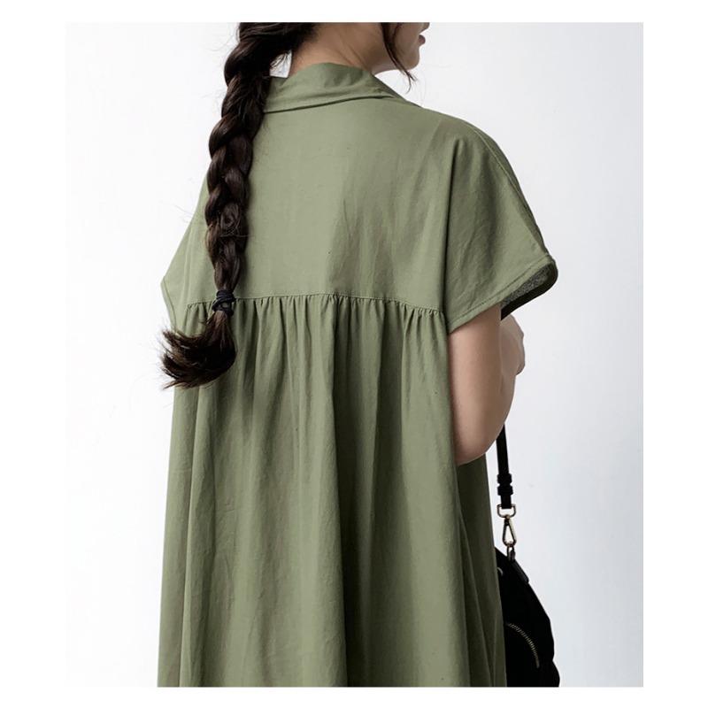 Skirt Short Sleeve Hemp Dress Women Loose Lapel Casual Shirt Dress