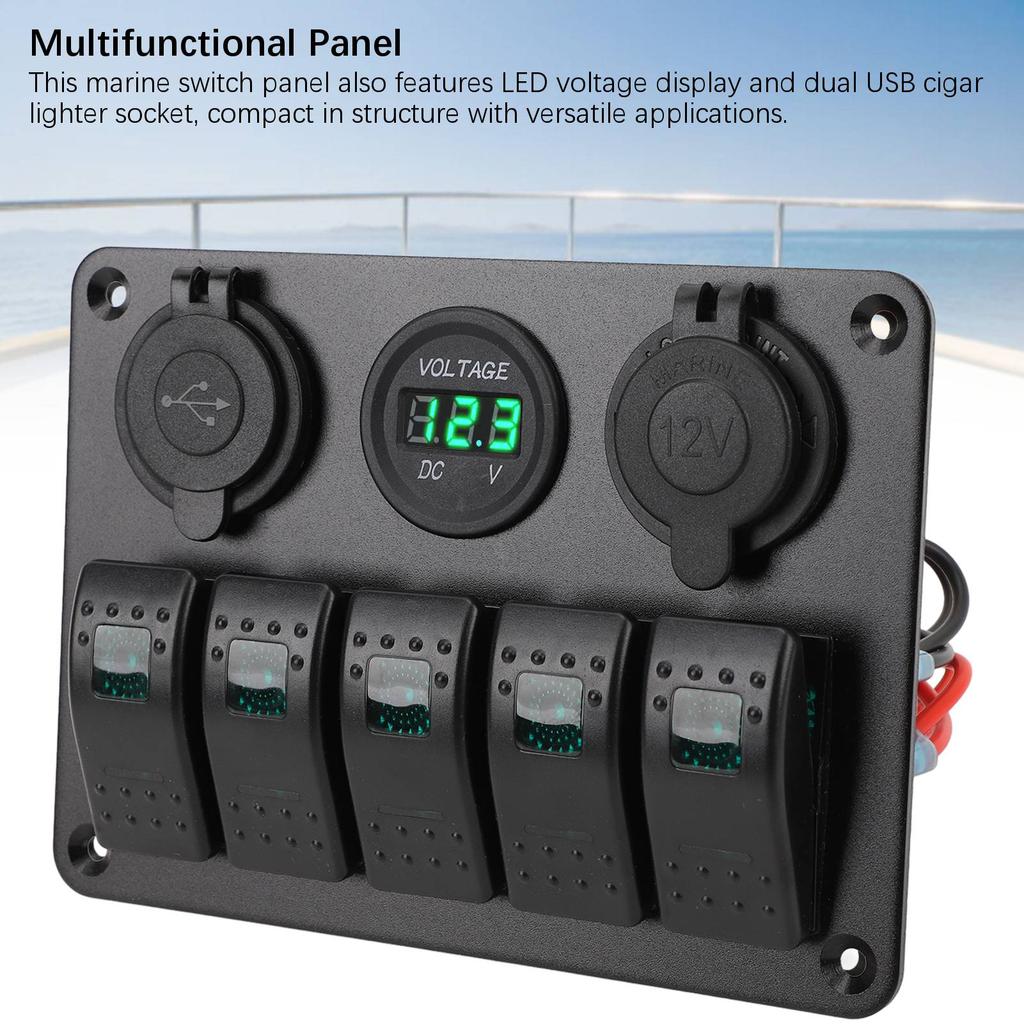 Switch Panel DC 12 to 24V 5 Gang Aluminum Alloy IP65 Water Resistant Prewired Rocker Switch Panel with Dual USB Cigar