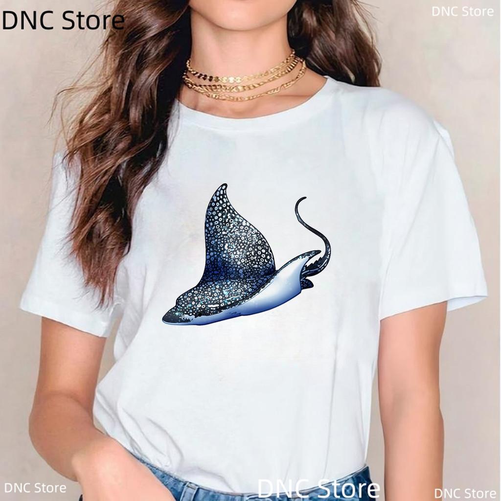 New Women Shark T Shirt Watercolor Shark Shirts,Manta Ray, Marine Creatures, Whale Print Tshirt,Summer Beach Vacation Tshirt Top