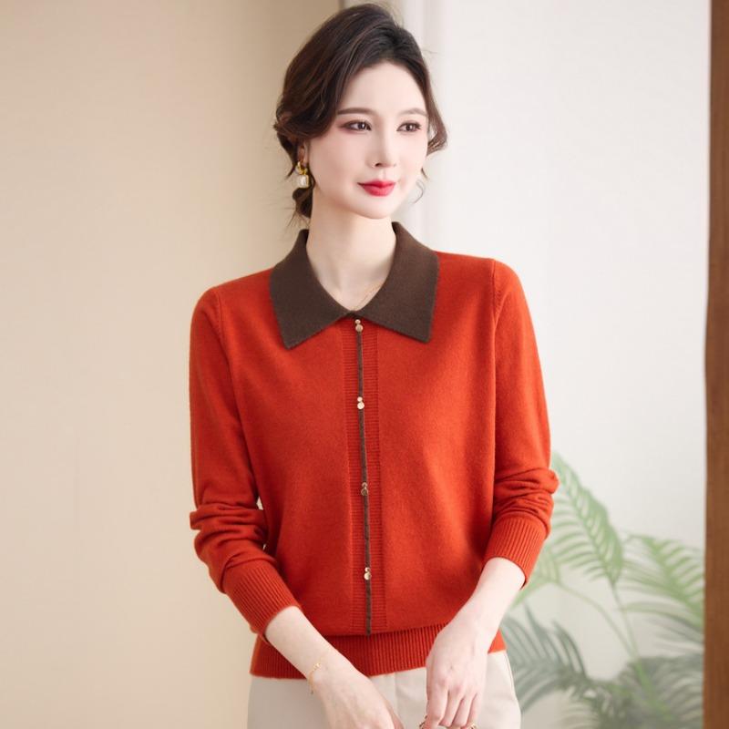 New Fashion Sweater Doll Collar Thin Mom Top Women's Spring and Autumn Long Sleeve Knitted Bottom Shirt