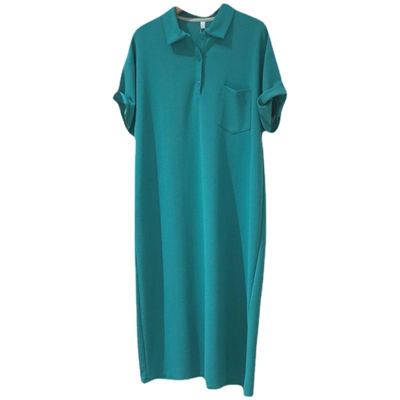

Корейское платье поло из хлопка, повседневное, свободного кроя, стройнящее, с короткими рукавами, длиной ниже колена, футболка-юбка для ленивых 2XL зелёный