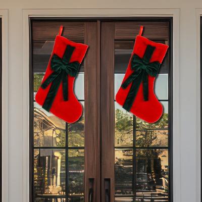 1 pièce Bas de Noël Ornement avec Nœud en Velours Floqué Accrochage Cheminée Sac Cadeau Décoration Festive Artisanat Similaire Décoration Maison
