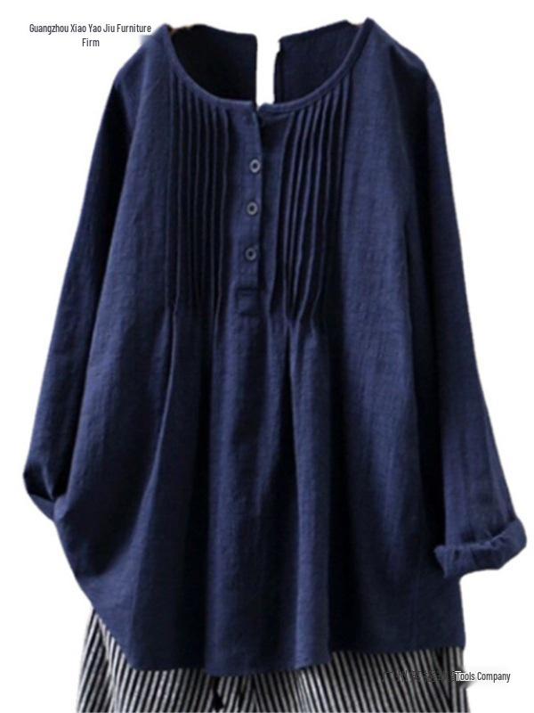 Lockere Passform Baumwolle & Leinen Plissiert Rundhals Langarm Damen Übergröße Hemd