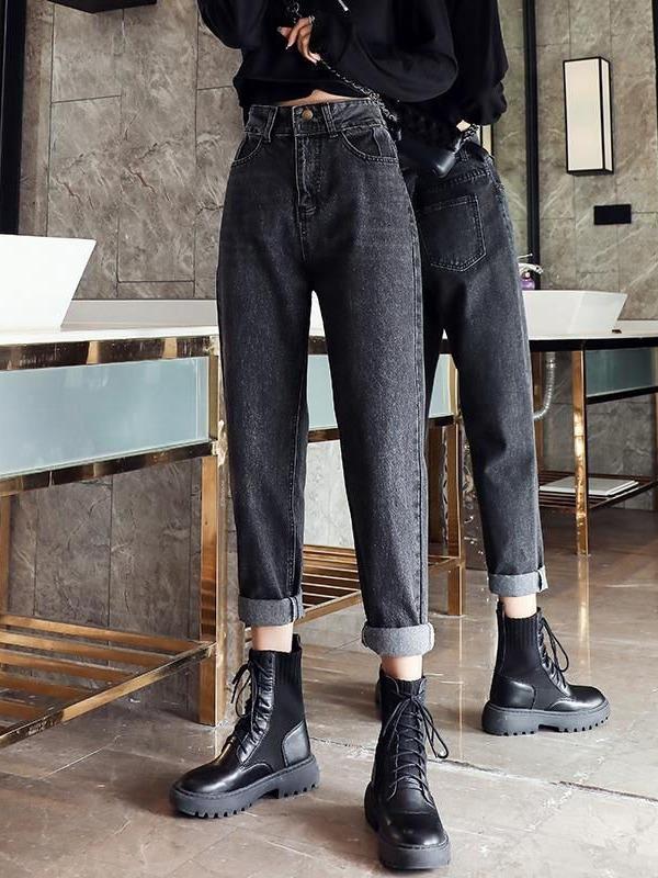 Women's High-Waisted Loose Slimming Winter Jeans - Plus Velvet, Gray, Belly-Covering Casual Harem Carrot Pants