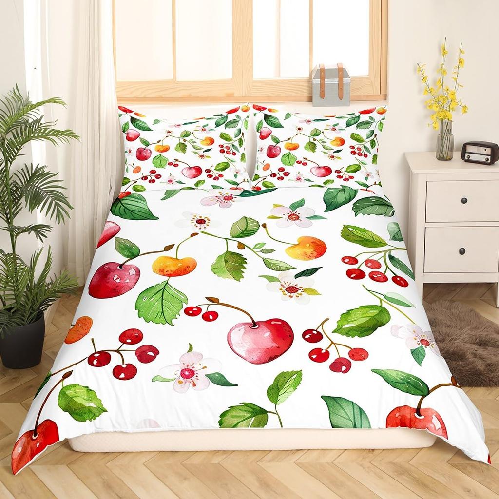 Kids Cherry Duvet Cover Sets Queen King Size Cherry Pattern Bedding Set Cute Fruit Comforter Cover No Comforter Lightweight Down