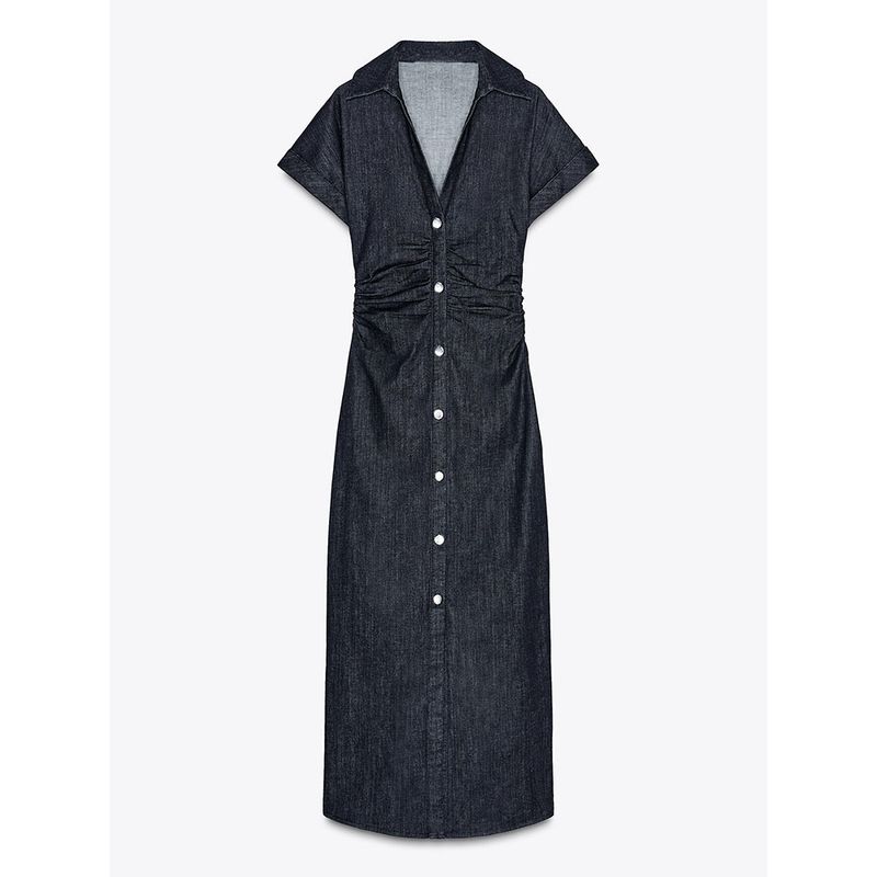 

Za2025 Spring New Women clothes Slim fit Single-Breasted Short sleeve Lapel Denim Midi Dress 2284576 Dark blue L