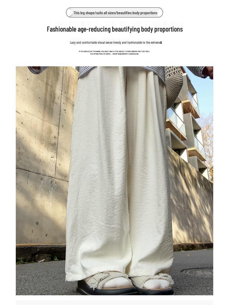 Women's Summer 2024 Ice Silk Wide-Leg Pants - White Textured Casual Petite Style