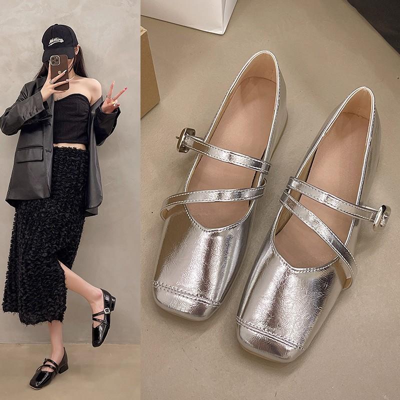 Women's Shoes 2024 Fashionable Square Toe Shallow Mouth Women's Shoes Solid Color Medium Heel Strap Strap Women's High Heels