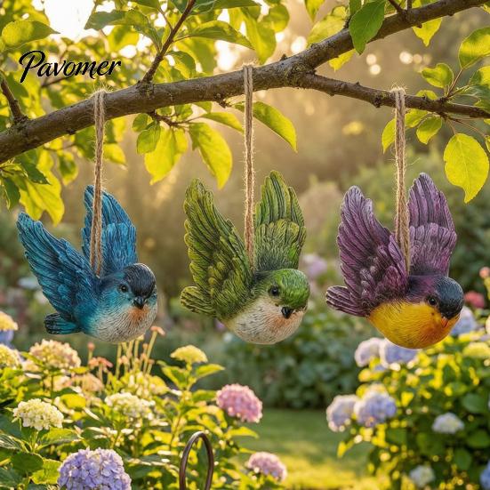 Colorful Hanging Bird Ornaments 3Pcs Resin Ornament, Hand-Painted Figurine with Jute String, Animal Statues for Garden Weatherproof Outdoor Tree Patio