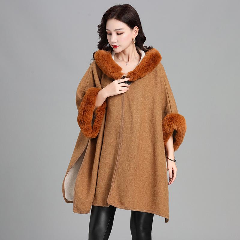 European and American Imitation Rabbit Fur Collar Hooded Large Shawl Cape Women's Knitted Cardigan Thick Loose Mid-length Fur Coat for Women