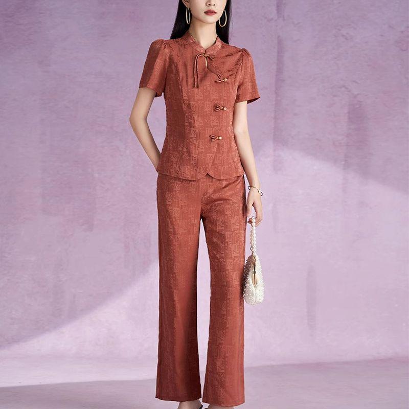 

2025 Summer Plus Size Elegant Two-Piece Suit: Flaw-Hiding Wide Leg Pants Set for Women L (for 100-115 jin)