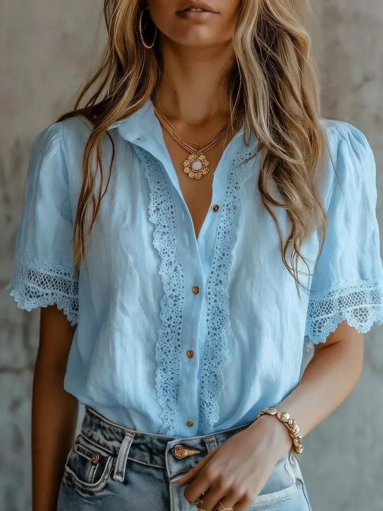 Women's Cotton Linen Lace Short Sleeve Blouse Loose Casual Summer Shirt Hollow Out Top