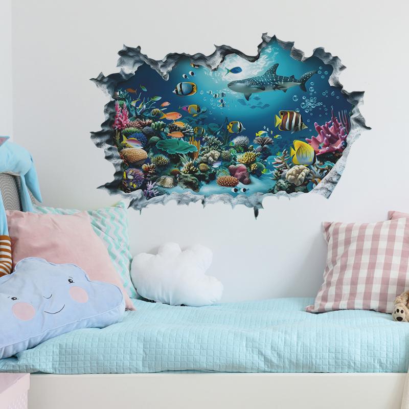 1PC 3D Wall Sticker Underwater World Shark Decor Wall Sticker Aquarium Ocean Theme For Kids Room Bathroom Home Decor-Homeclub